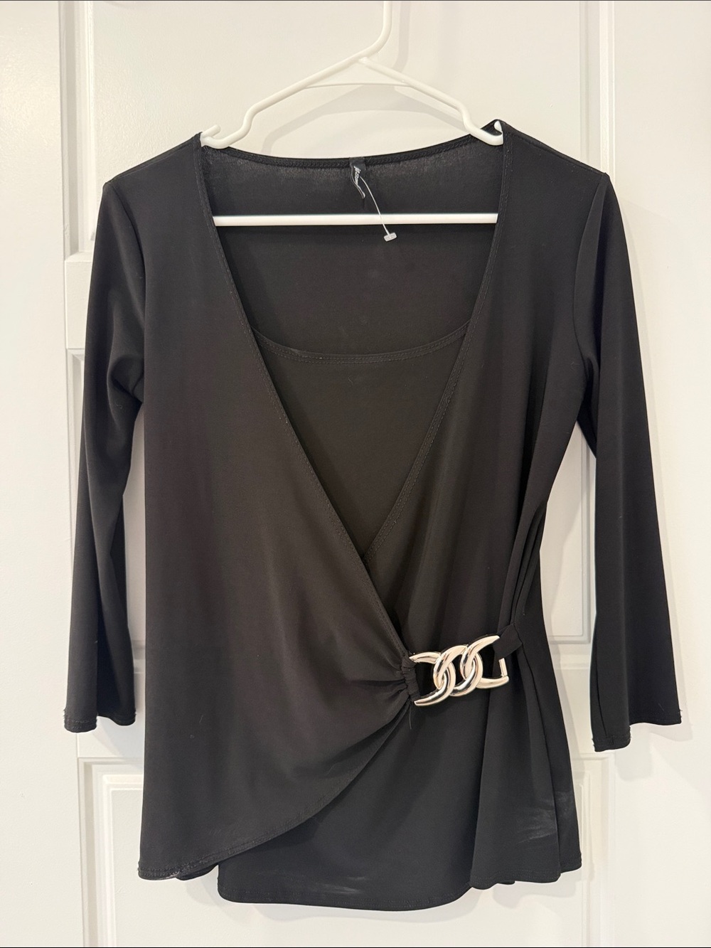 Black Wrap-Style Women’s Blouse with Decorative Buckle